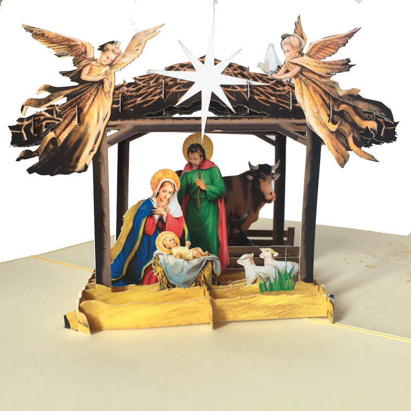 pop-up kerststal met engelen kaart 